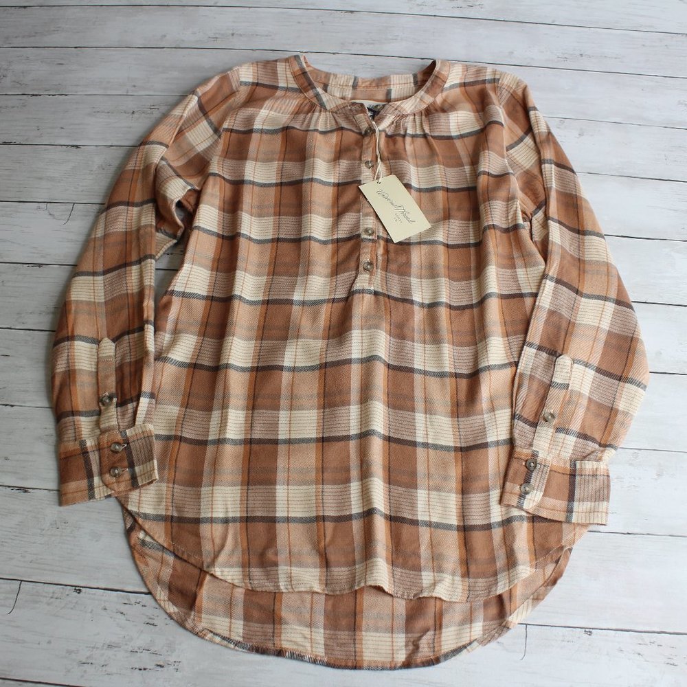 Universal Thread Women's Brushed Flannel Plaid Tunic Top Size XS Brown